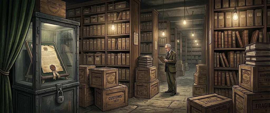 The archive: file shelves, customs-stamped crates, and a locked case holding the charter