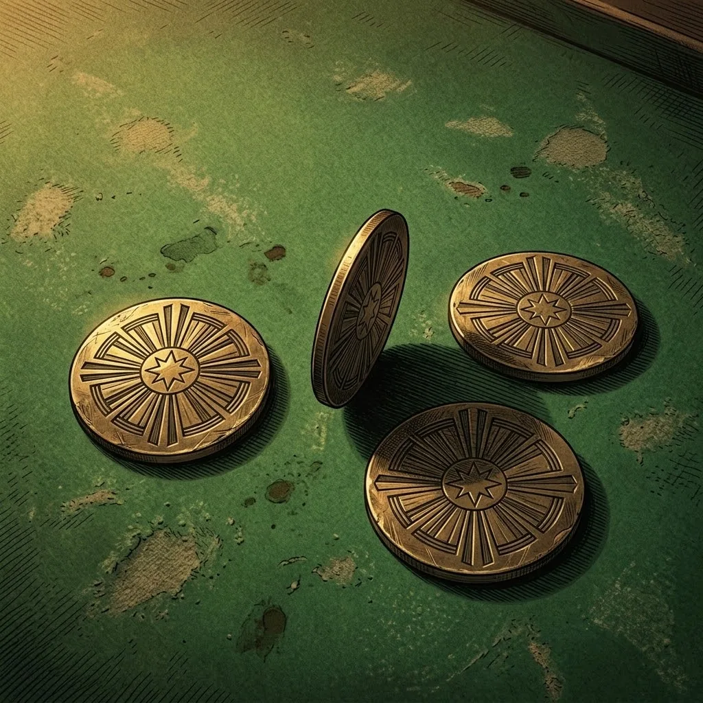 Brass chips on worn green felt, Deco sunburst struck into each