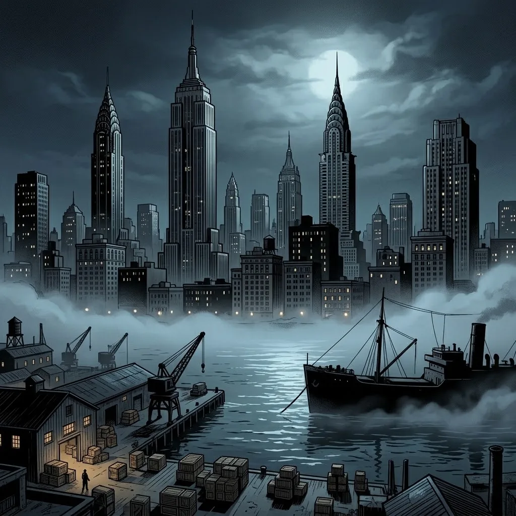The New York skyline at night, 1931, seen across the river from the docks