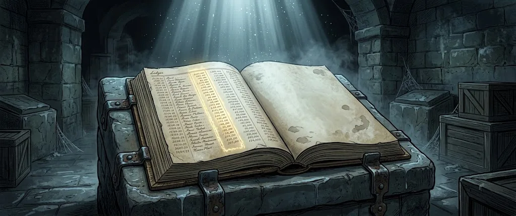 An enormous ledger open in a stone vault, one page ruled with names and figures, the facing page blank