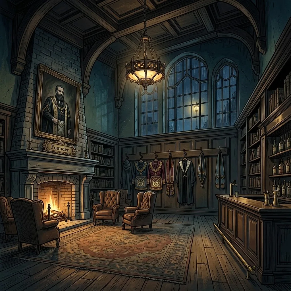 The lodge hall: fire lit, leather armchairs, regalia on hooks, a founder's portrait over the mantel