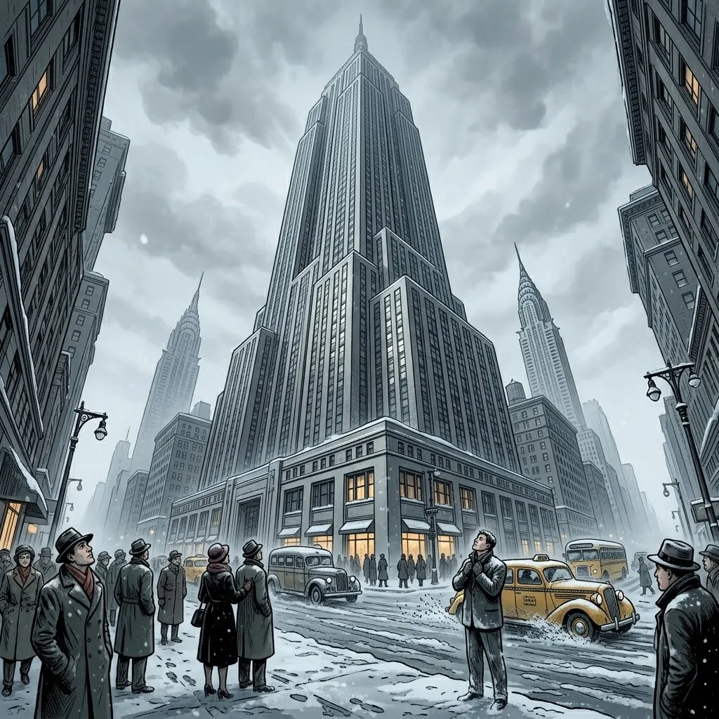 The Empire State Building in falling snow, a crowd on the sidewalk looking up